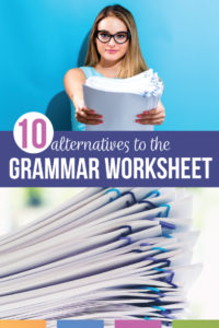 Are you looking for alternatives to the grammar worksheet? Grammar worksheets can be helpful, but fun grammar worksheets and other grammar activities are available! Spice up grammar for high school and grammar for middle school with grammar sorts, grammar videos, interactive notebooks, and more. Engage reluctant secondary writers by connecting grammar to writing. In Alternatives to the Grammar Worksheet, you can download a dozen free grammar activities.