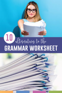 Are you looking for alternatives to the grammar worksheet? Grammar worksheets can be helpful, but fun grammar worksheets and other grammar activities are available! Spice up grammar for high school and grammar for middle school with grammar sorts, grammar videos, interactive notebooks, and more. Engage reluctant secondary writers by connecting grammar to writing. In Alternatives to the Grammar Worksheet, you can download a dozen free grammar activities.