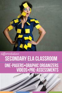 Differentiation in the secondary classroom can improve student undersstanding, the meeting of standards, & classroom managment. With differentiation in ELA, students feel less frustrated & are more likely to engage in difficult topics. Add differentiation in English classroom with one pagers, graphic organizers, pre-assessments, reading choice, & various writing assignments.