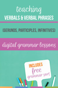Verbals lessons can connect grammar to writing with punctuation rules & student choice. Make verbals practice hands-on with a grammar sort. A gerunds lesson plan, infinitives lesson plan, & participle lesson plan can be accomplished with a verbals worksheet or hands-on verbals lesson plan. Included are ideas for how to teach gerunds and participles and how to teach gerunds and infinitives. Verbal phrases lesson plan can connect grammar to writing.