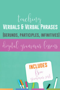 Verbals lessons are part of middle school language arts curriculum. Meet language standards with verbals practice, specificaly a gerunds lesson plan & a berbals worksheet. A verbals lesson plan can connect grammar to writing. Specific grammar activities for how to teach gerunds and participles & how to teach gerunds and infinitives. Verbal activities for how to teach participles, infinitives, & gerunds include grammar worksheets, grammar sorts, color by grammar, & grammar lesson for ELA.