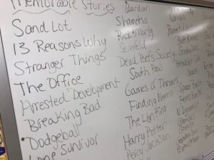 Brainstorming creative stories with students.