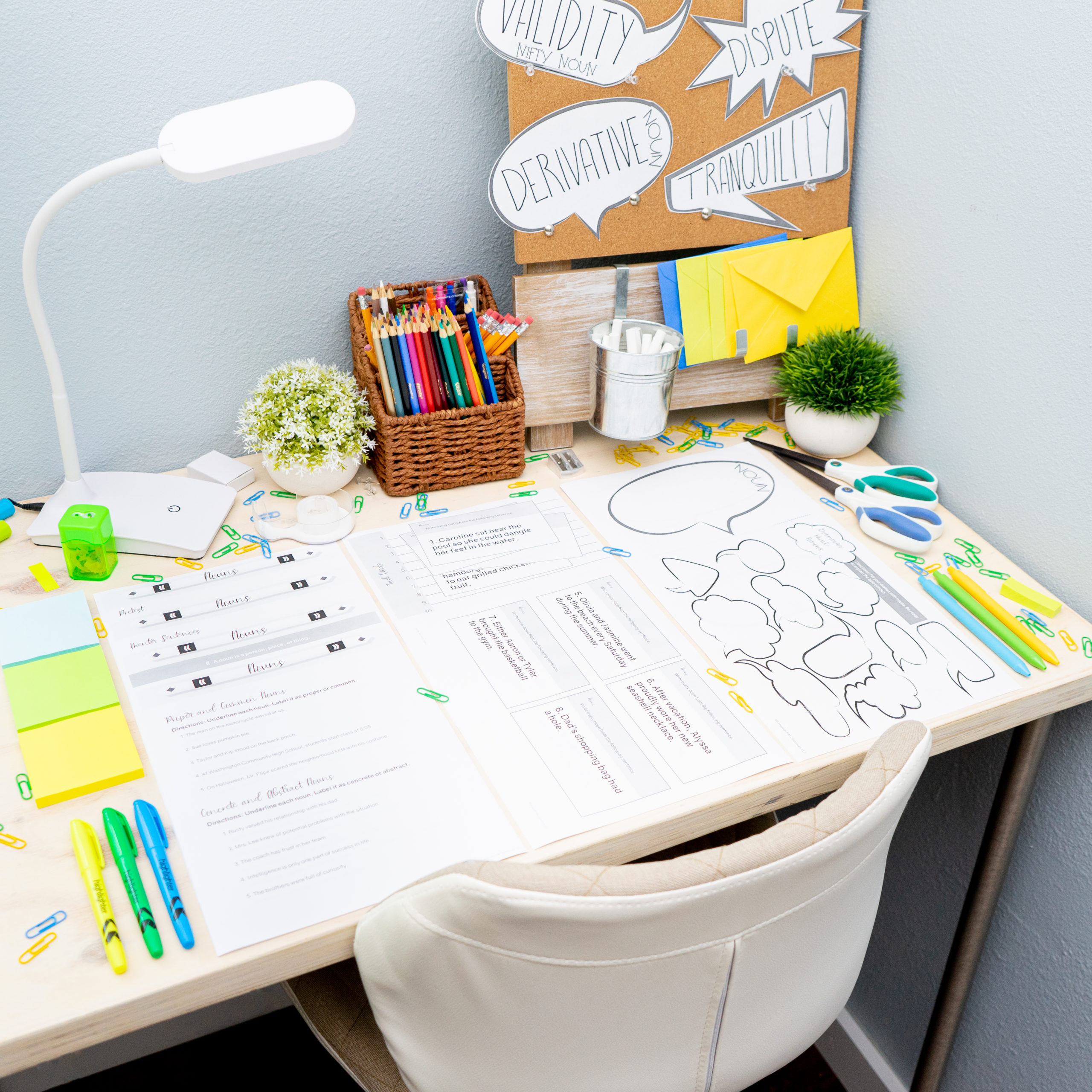 Noun lesson pictured on grammar teacher desk